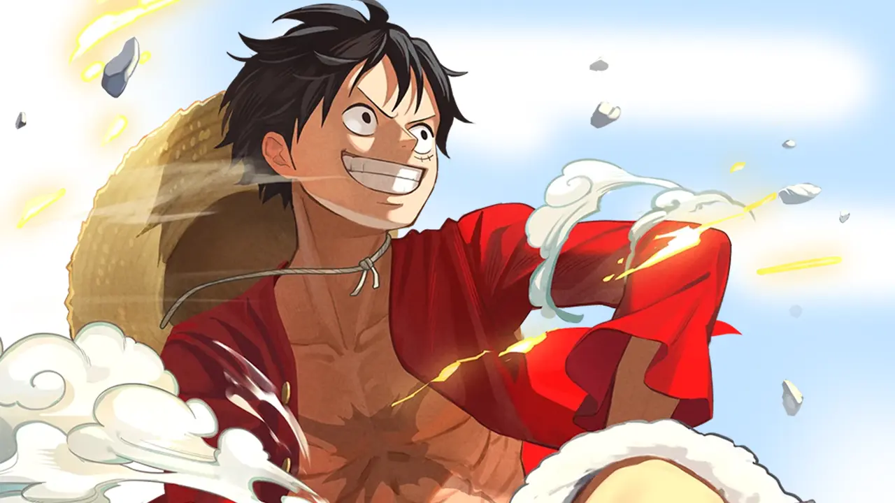 Cartoon character wearing a red open shirt, straw hat on his back, grinning as he charges forward with dynamic motion and energy effects around him.