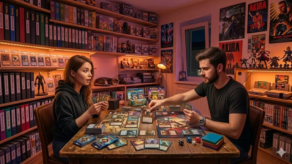 Two people sit across from each other at a wooden table, playing a trading card game in a cozy game room filled with shelves of games and posters.